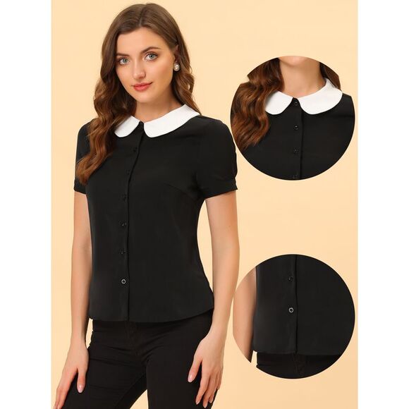 Peter Pan Collar Blouse Contrast Collar Button Down Chiffon Top Black - Picture 2 of 6